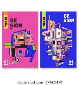 Flat color covers set. Abstract colorful geometric 3d with typography design template. Trendy poster design and colorful theme. 