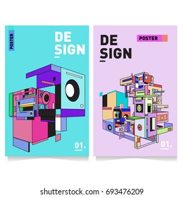 Flat color covers set. Abstract colorful geometric 3d with typography design template. Trendy poster design and colorful theme. 