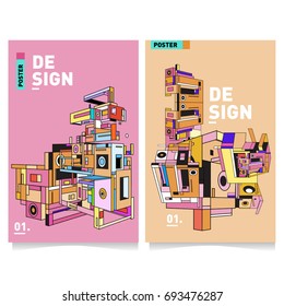 Flat color covers set. Abstract colorful geometric 3d with typography design template. Trendy poster design and colorful theme. 