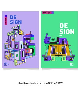 Flat color covers set. Abstract colorful geometric 3d with typography design template. Trendy poster design and colorful theme. 