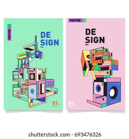 Flat color covers set. Abstract colorful geometric 3d with typography design template. Trendy poster design and colorful theme. 