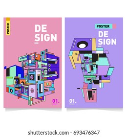 Flat color covers set. Abstract colorful geometric 3d with typography design template. Trendy poster design and colorful theme. 