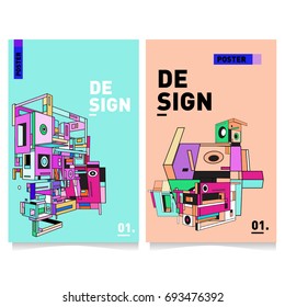 Flat color covers set. Abstract colorful geometric 3d with typography design template. Trendy poster design and colorful theme. 