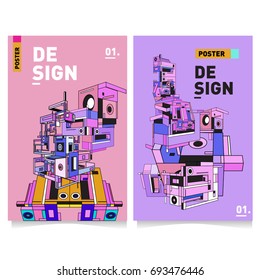 Flat color covers set. Abstract colorful geometric 3d with typography design template. Trendy poster design and colorful theme. 