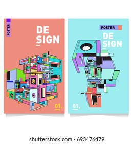Flat color covers set. Abstract colorful geometric 3d with typography design template. Trendy poster design and colorful theme. 