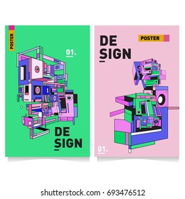 Flat color covers set. Abstract colorful geometric 3d with typography design template. Trendy poster design and colorful theme. 