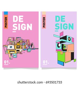 Flat color covers set. Abstract colorful geometric 3d with typography design template. Trendy poster design and colorful theme. 
