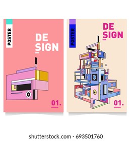 Flat color covers set. Abstract colorful geometric 3d with typography design template. Trendy poster design and colorful theme. 