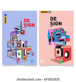 Flat color covers set. Abstract colorful geometric 3d with typography design template. Trendy poster design and colorful theme. 