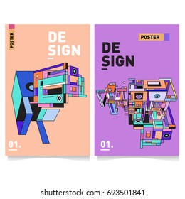 Flat color covers set. Abstract colorful geometric 3d with typography design template. Trendy poster design and colorful theme. 
