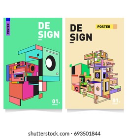 Flat color covers set. Abstract colorful geometric 3d with typography design template. Trendy poster design and colorful theme. 