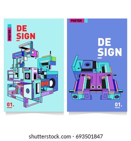 Flat color covers set. Abstract colorful geometric 3d with typography design template. Trendy poster design and colorful theme. 