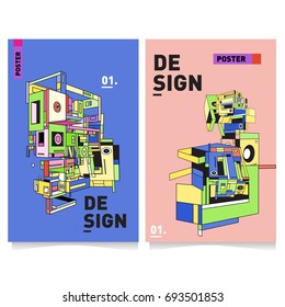 Flat color covers set. Abstract colorful geometric 3d with typography design template. Trendy poster design and colorful theme. 