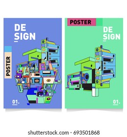 Flat color covers set. Abstract colorful geometric 3d with typography design template. Trendy poster design and colorful theme. 