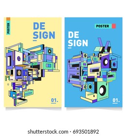 Flat color covers set. Abstract colorful geometric 3d with typography design template. Trendy poster design and colorful theme. 