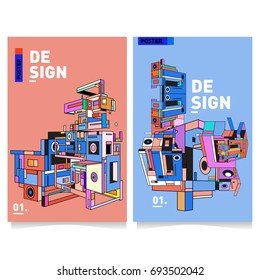 Flat color covers set. Abstract colorful geometric 3d with typography design template. Trendy poster design and colorful theme. 