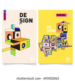 Flat color covers set. Abstract colorful geometric 3d with typography design template. Trendy poster design and colorful theme. 