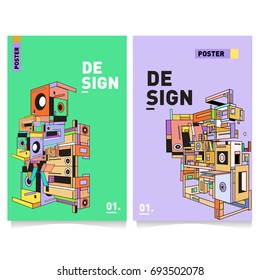 Flat color covers set. Abstract colorful geometric 3d with typography design template. Trendy poster design and colorful theme. 