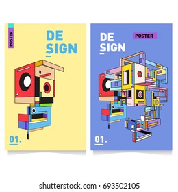 Flat color covers set. Abstract colorful geometric 3d with typography design template. Trendy poster design and colorful theme. 
