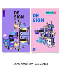Flat color covers set. Abstract colorful geometric 3d with typography design template. Trendy poster design and colorful theme. 