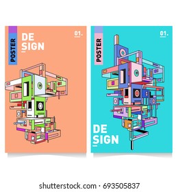 Flat color covers set. Abstract colorful geometric 3d with typography design template. Trendy poster design and colorful theme. 