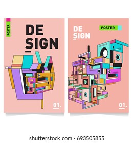 Flat color covers set. Abstract colorful geometric 3d with typography design template. Trendy poster design and colorful theme. 