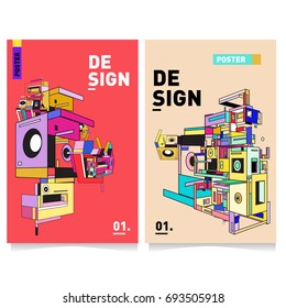 Flat color covers set. Abstract colorful geometric 3d with typography design template. Trendy poster design and colorful theme. 