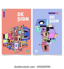 Flat color covers set. Abstract colorful geometric 3d with typography design template. Trendy poster design and colorful theme. 