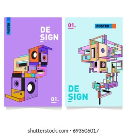 Flat color covers set. Abstract colorful geometric 3d with typography design template. Trendy poster design and colorful theme. 