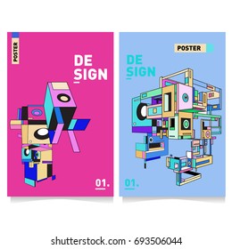 Flat color covers set. Abstract colorful geometric 3d with typography design template. Trendy poster design and colorful theme. 