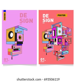 Flat color covers set. Abstract colorful geometric 3d with typography design template. Trendy poster design and colorful theme. 