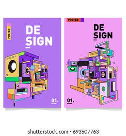 Flat color covers set. Abstract colorful geometric 3d with typography design template. Trendy poster design and colorful theme. 