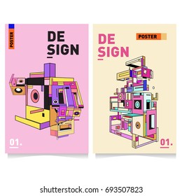 Flat color covers set. Abstract colorful geometric 3d with typography design template. Trendy poster design and colorful theme. 