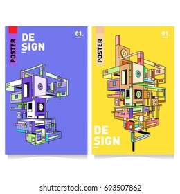 Flat color covers set. Abstract colorful geometric 3d with typography design template. Trendy poster design and colorful theme. 