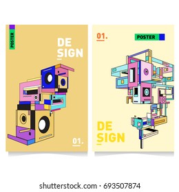 Flat color covers set. Abstract colorful geometric 3d with typography design template. Trendy poster design and colorful theme. 