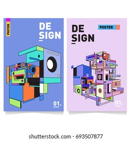 Flat color covers set. Abstract colorful geometric 3d with typography design template. Trendy poster design and colorful theme. 