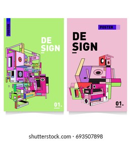 Flat color covers set. Abstract colorful geometric 3d with typography design template. Trendy poster design and colorful theme. 