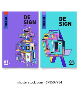 Flat color covers set. Abstract colorful geometric 3d with typography design template. Trendy poster design and colorful theme. 