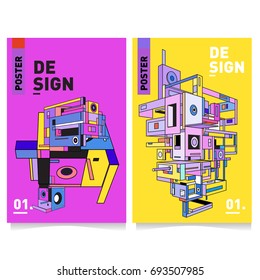 Flat color covers set. Abstract colorful geometric 3d with typography design template. Trendy poster design and colorful theme. 