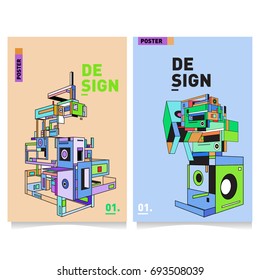 Flat color covers set. Abstract colorful geometric 3d with typography design template. Trendy poster design and colorful theme. 