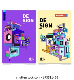 Flat color covers set. Abstract colorful geometric 3d with typography design template. Trendy poster design and colorful theme. 