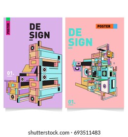 Flat color covers set. Abstract colorful geometric 3d with typography design template. Trendy poster design and colorful theme. 