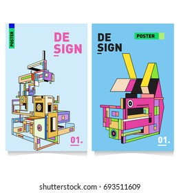 Flat color covers set. Abstract colorful geometric 3d with typography design template. Trendy poster design and colorful theme. 