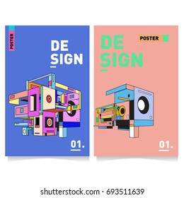 Flat color covers set. Abstract colorful geometric 3d with typography design template. Trendy poster design and colorful theme. 
