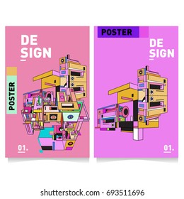 Flat color covers set. Abstract colorful geometric 3d with typography design template. Trendy poster design and colorful theme. 