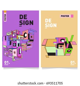 Flat color covers set. Abstract colorful geometric 3d with typography design template. Trendy poster design and colorful theme. 