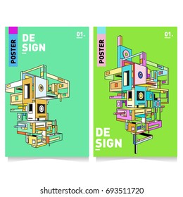 Flat color covers set. Abstract colorful geometric 3d with typography design template. Trendy poster design and colorful theme. 