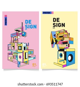 Flat color covers set. Abstract colorful geometric 3d with typography design template. Trendy poster design and colorful theme. 