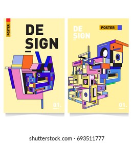 Flat color covers set. Abstract colorful geometric 3d with typography design template. Trendy poster design and colorful theme. 