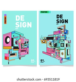Flat color covers set. Abstract colorful geometric 3d with typography design template. Trendy poster design and colorful theme. 